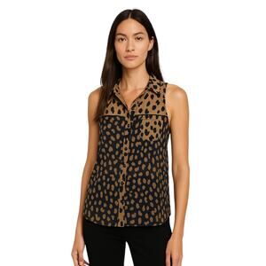 Rachel Roy Tan Black Animal Leopard Print Sleeveless Button Up Shirt Tank Top S